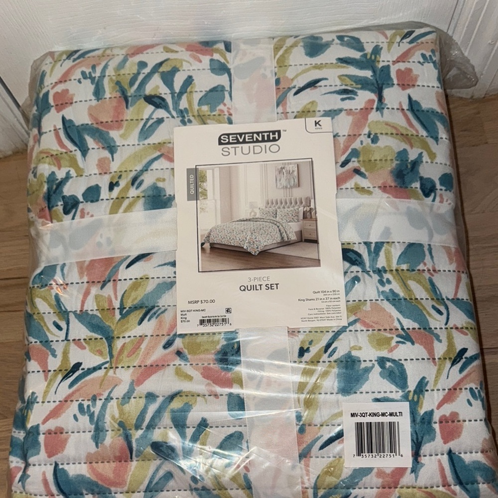 Blue and Pink Botanical Quilt Set Modern Bedding